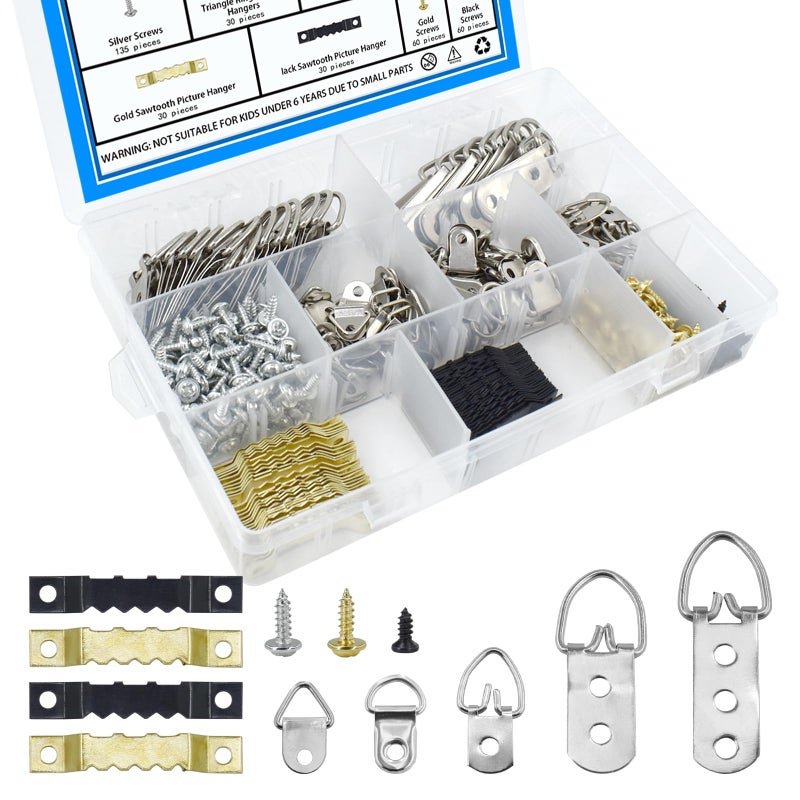 Renashed 415Pcs Picture Hanging Kit D Ring Hangers and Sawtooth Shape with Screws Hook Assortment for Hanging Heavy Duty Canvas Paintings Picture Frame Clock Artwork-7 Models - Image 1